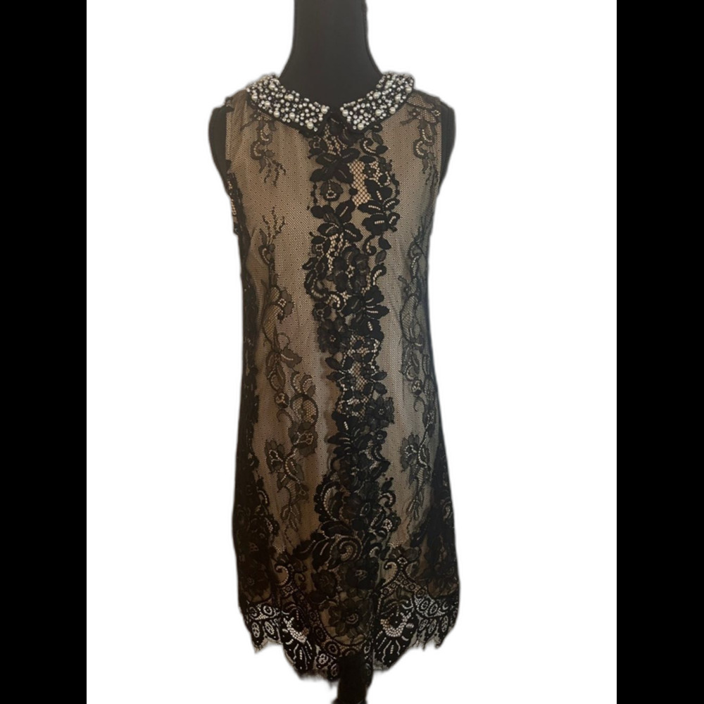Betsey Johnson Black Lace Mini Dress with Braded Pearl Rhinestone Collar Size 2